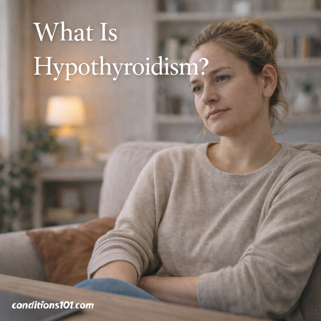 Adult woman sitting calmly on a couch in a living room with a thoughtful expression, representing an educational overview of what hypothyroidism is.