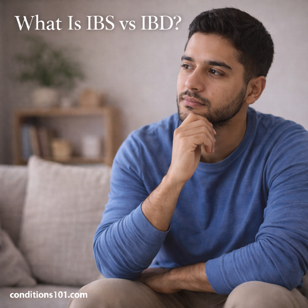Man sitting thoughtfully on a couch in a calm living room, representing an educational comparison between IBS and IBD.