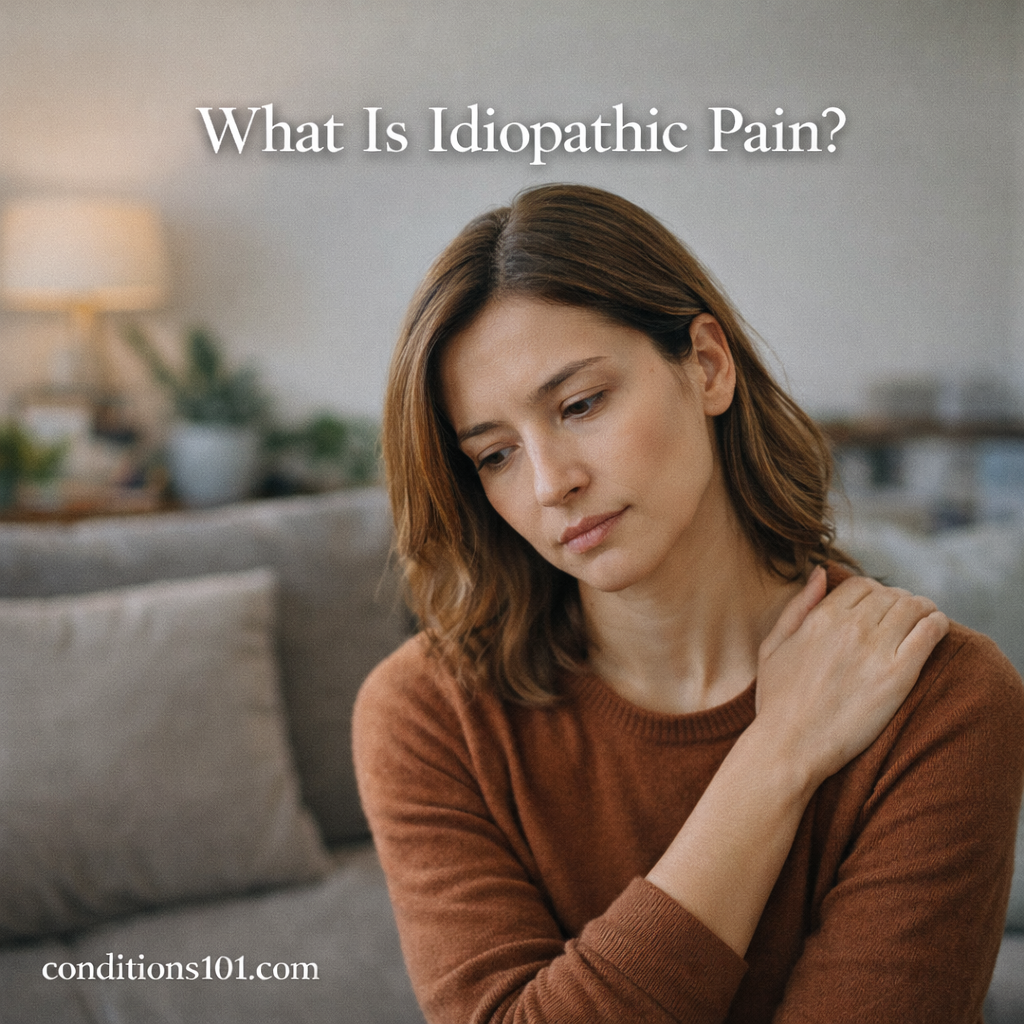 Adult woman sitting calmly in a living room with a thoughtful expression, representing idiopathic pain in everyday life.
