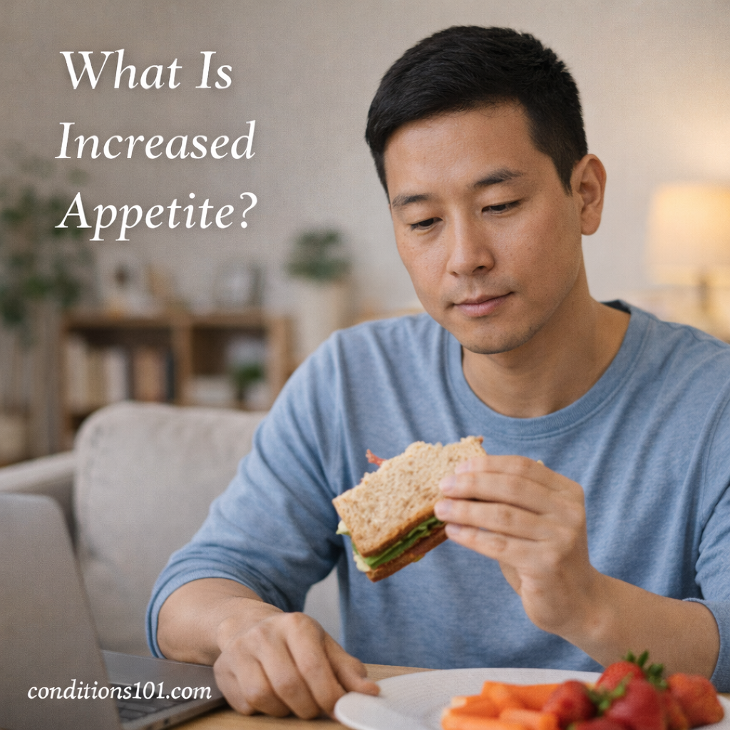 Adult man sitting in a calm home setting, thoughtfully holding food while reflecting on appetite and eating habits.