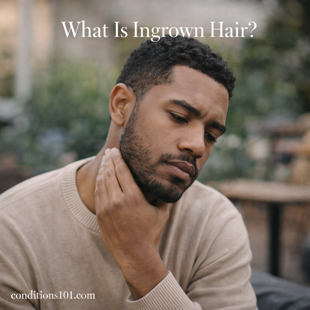 Adult man in an outdoor setting touching his neck with a thoughtful expression, representing an educational discussion about ingrown hair.