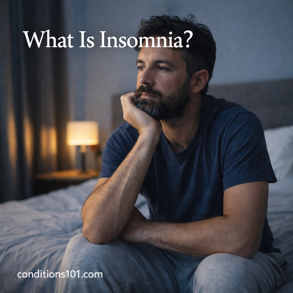 Adult man sitting on the edge of a bed in a calm bedroom setting for an educational article explaining what insomnia is.