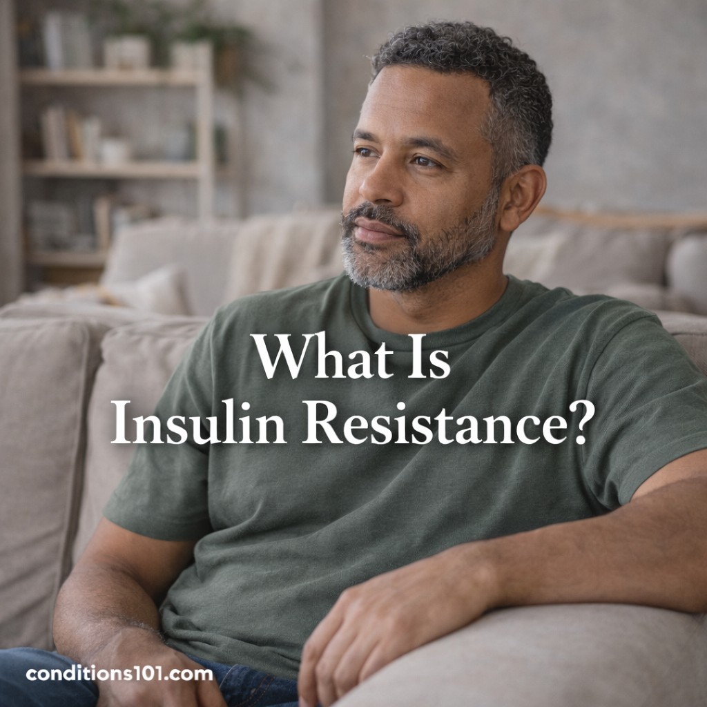Man sitting in a calm living room with a thoughtful expression, representing an educational overview of insulin resistance and metabolic health.
