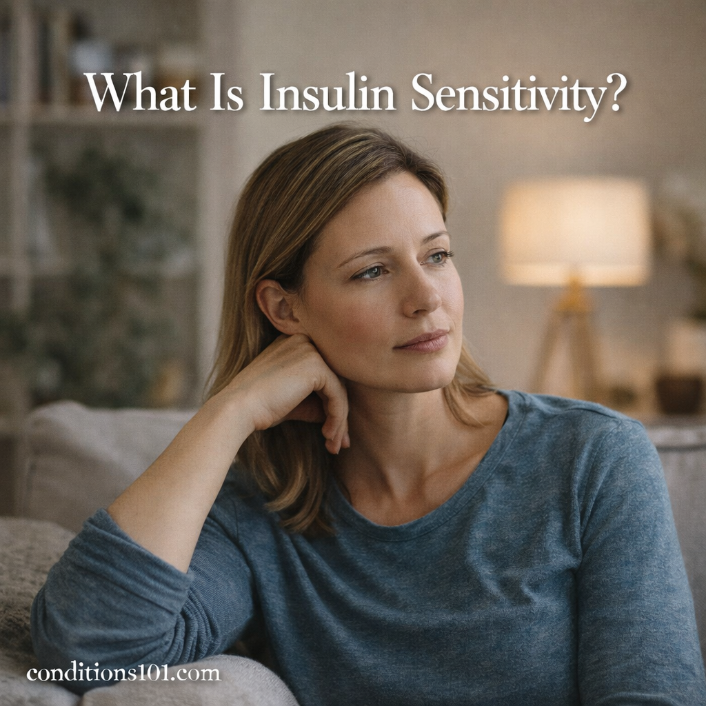 Adult woman sitting in a calm home setting, appearing thoughtful, representing an educational topic about insulin sensitivity.