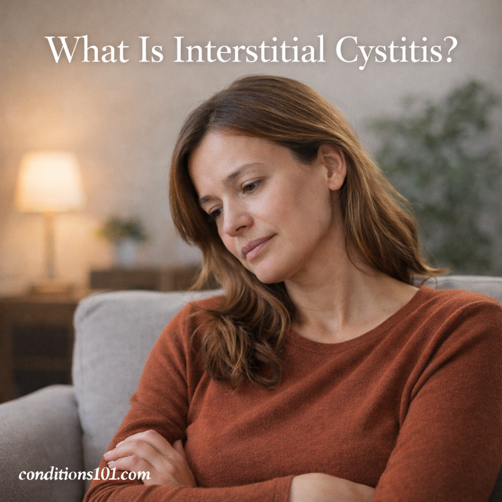 Adult woman sitting thoughtfully on a couch in a calm living room setting, representing an educational article about interstitial cystitis.