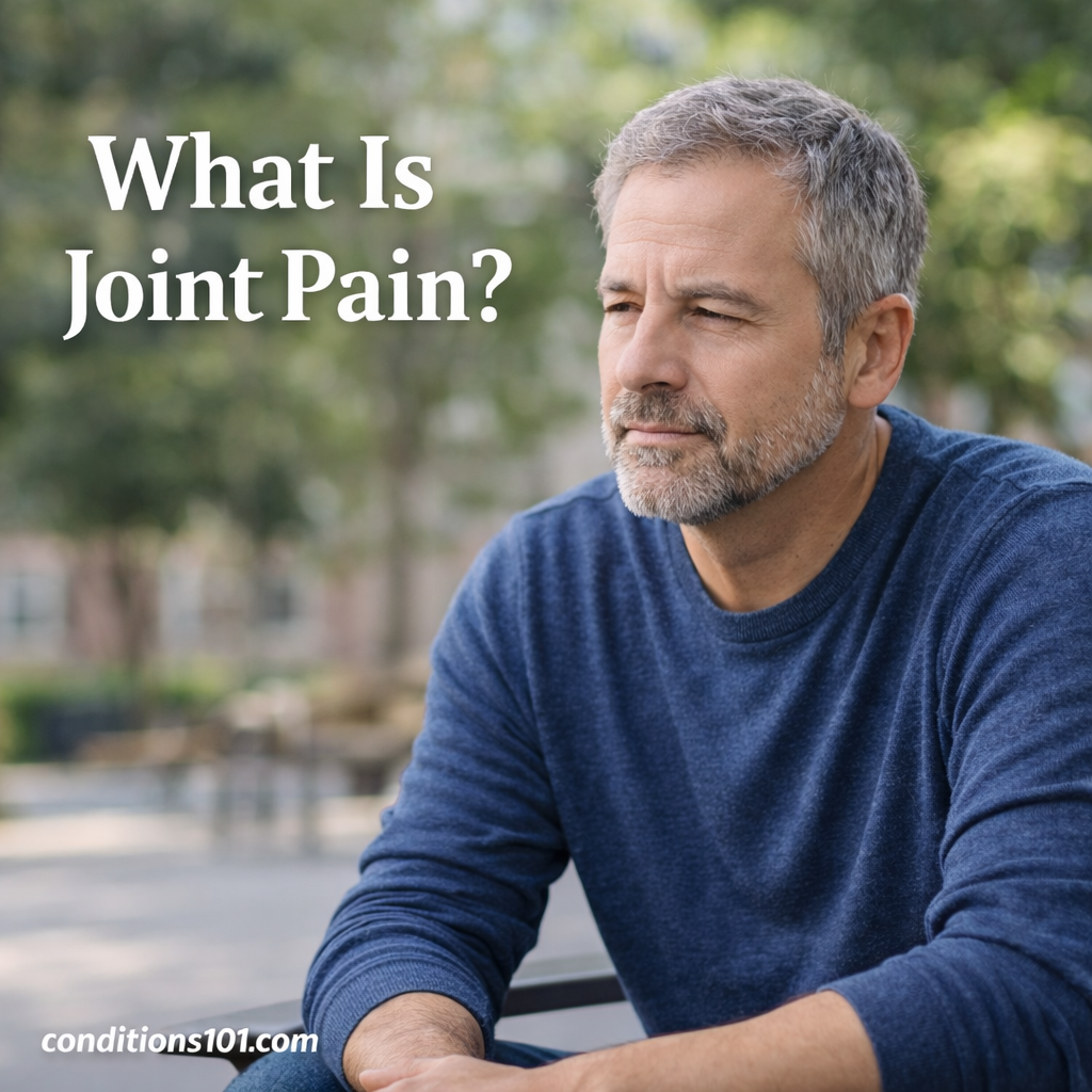 Adult man sitting outdoors in a calm public space, representing an educational overview of what joint pain is.