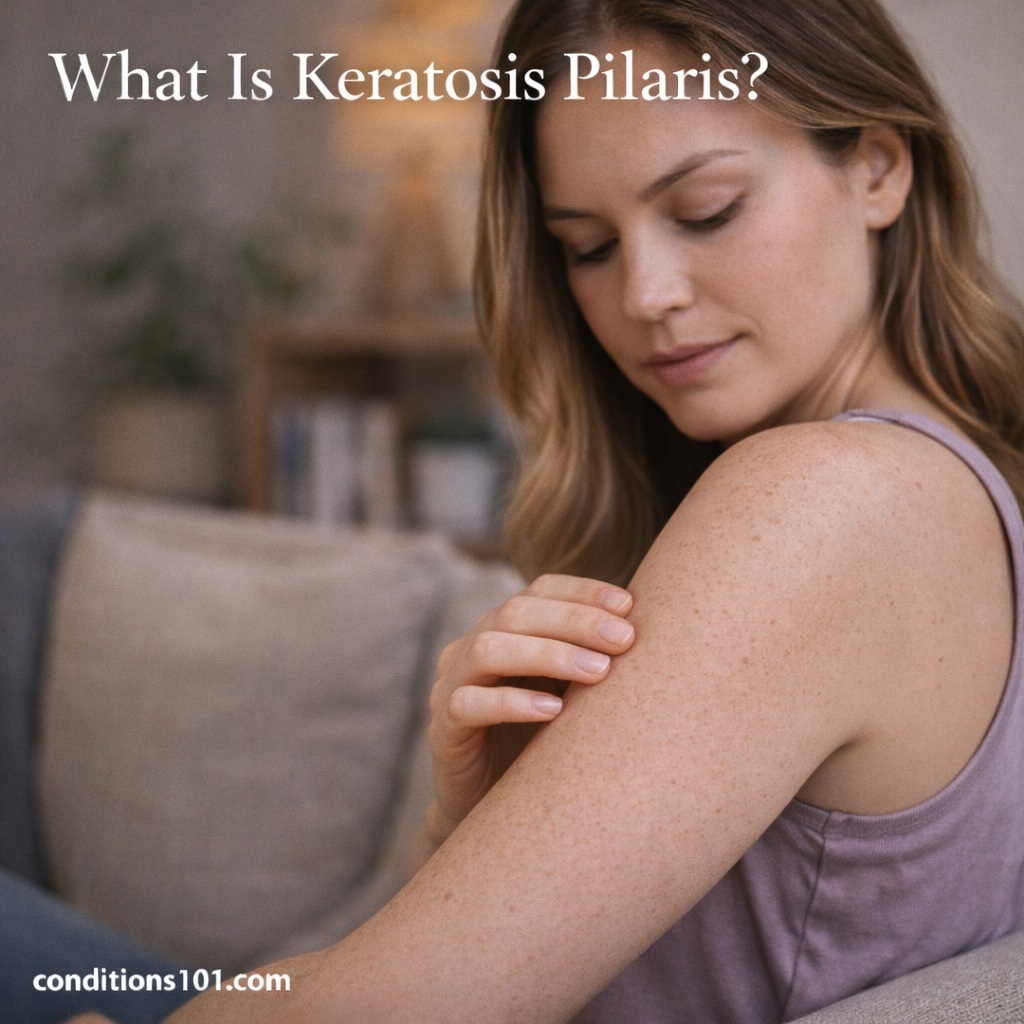 Woman looking at the skin on her upper arm in a calm home setting, representing an educational overview of keratosis pilaris.