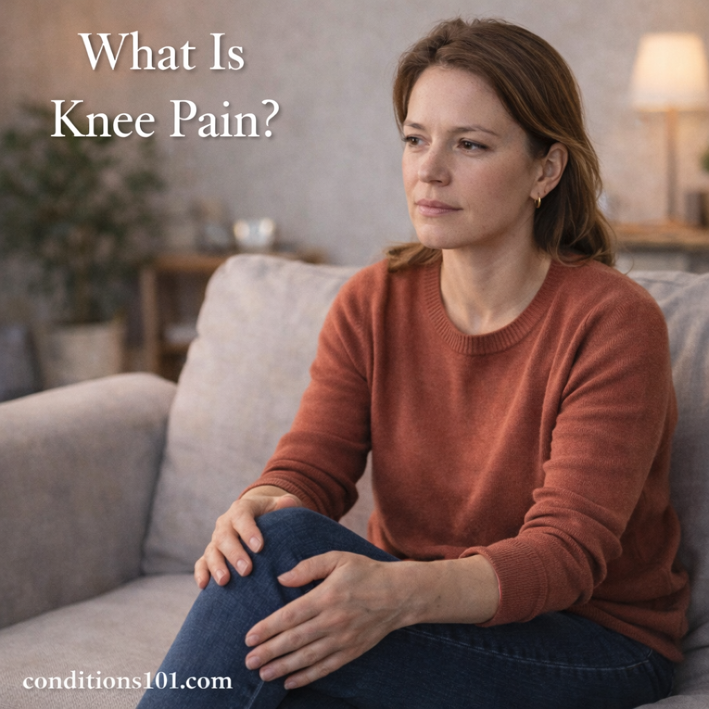Middle-aged woman sitting on a couch in a calm living room, gently holding her knee with a thoughtful expression.