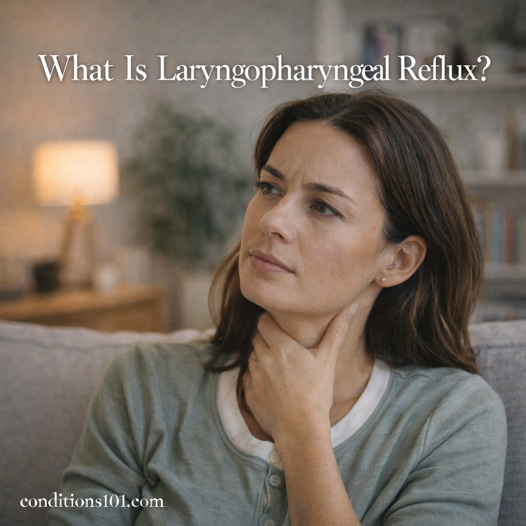 Adult woman sitting in a calm home setting with a thoughtful expression, representing an educational topic about laryngopharyngeal reflux.