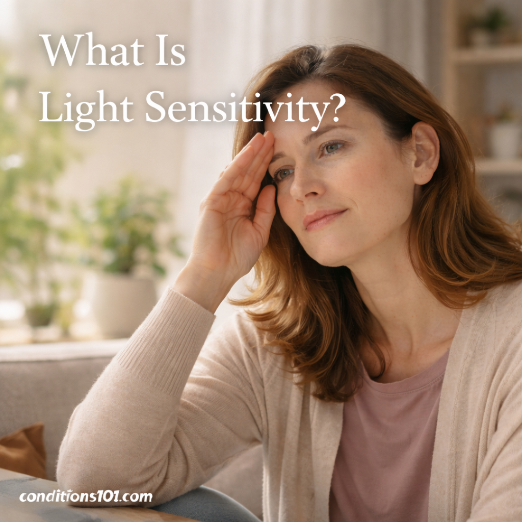 Adult woman sitting in a sunlit living room gently shielding her eyes, representing an educational overview of what light sensitivity is.