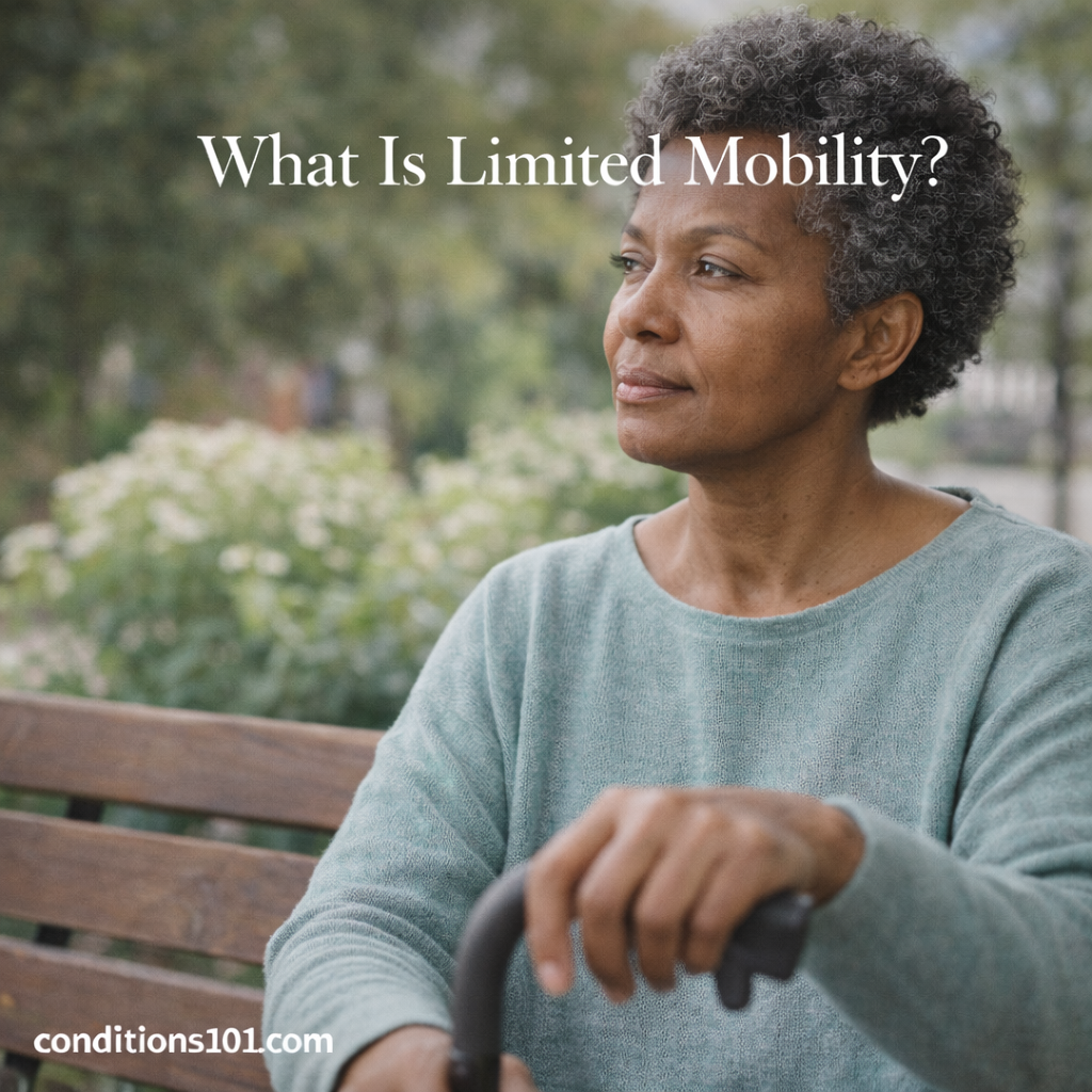 Older woman sitting on a park bench with a calm expression, representing an educational article explaining what limited mobility means.