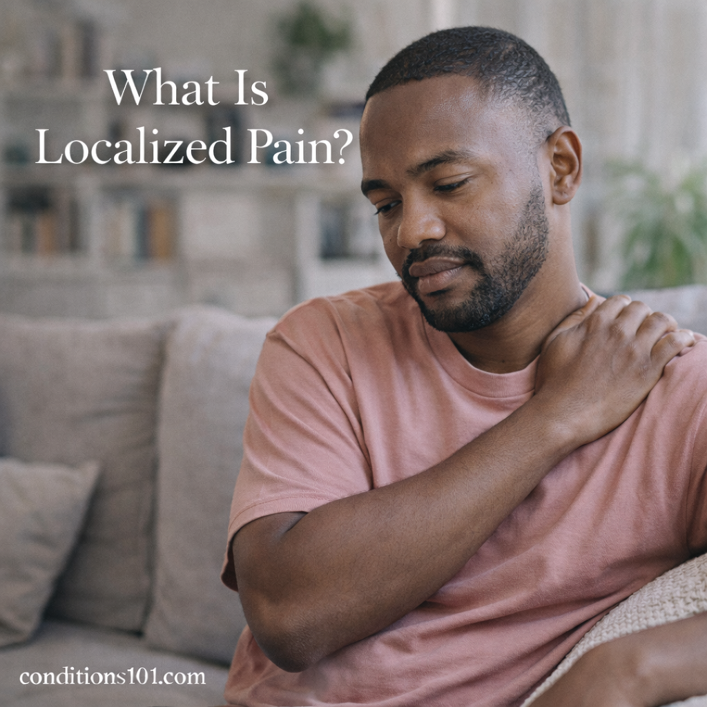 Adult person sitting in a calm home setting, gently holding their shoulder, representing localized pain in an everyday, non-clinical context.