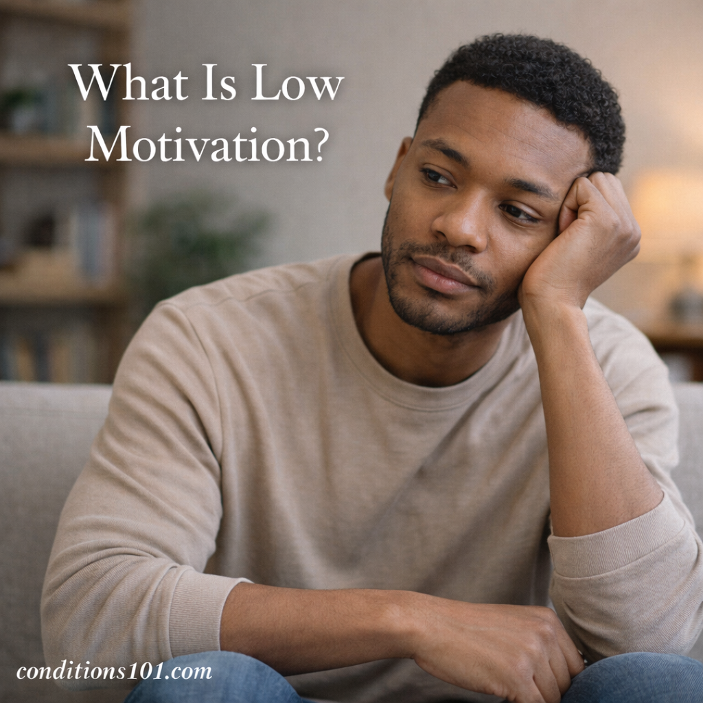 An adult man sitting thoughtfully on a couch in a calm living room, representing low motivation in an everyday setting.