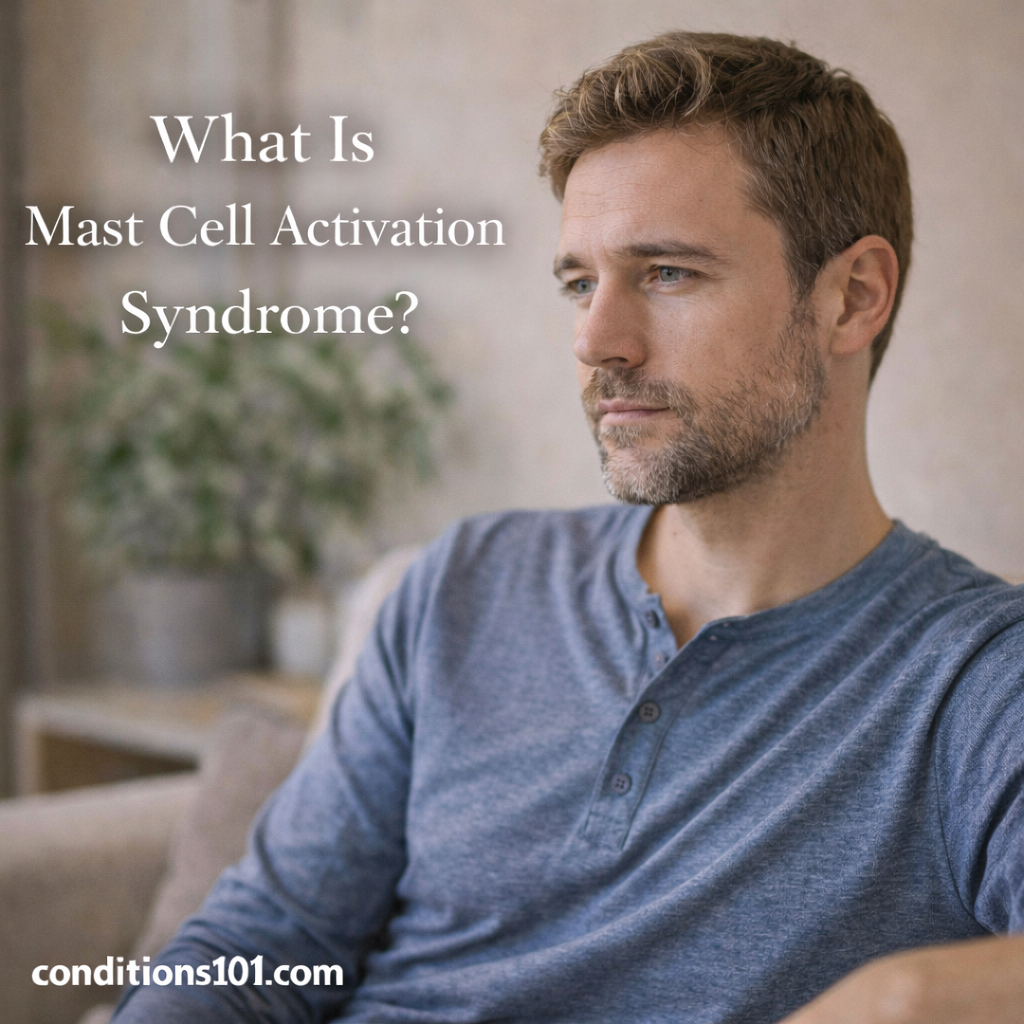 Adult man in a calm everyday setting with a thoughtful expression, representing an educational overview of mast cell activation syndrome.