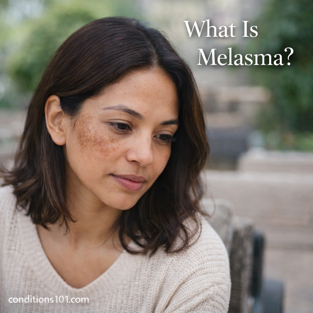 Adult woman sitting outdoors with natural facial pigmentation, representing an educational overview of melasma.