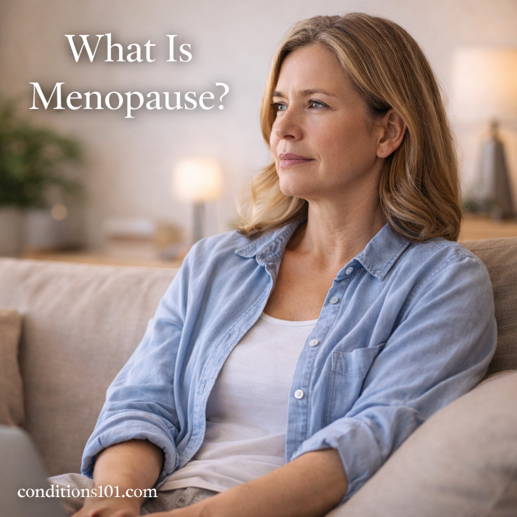 Middle-aged woman sitting on a couch in a calm home setting, appearing thoughtfully focused.