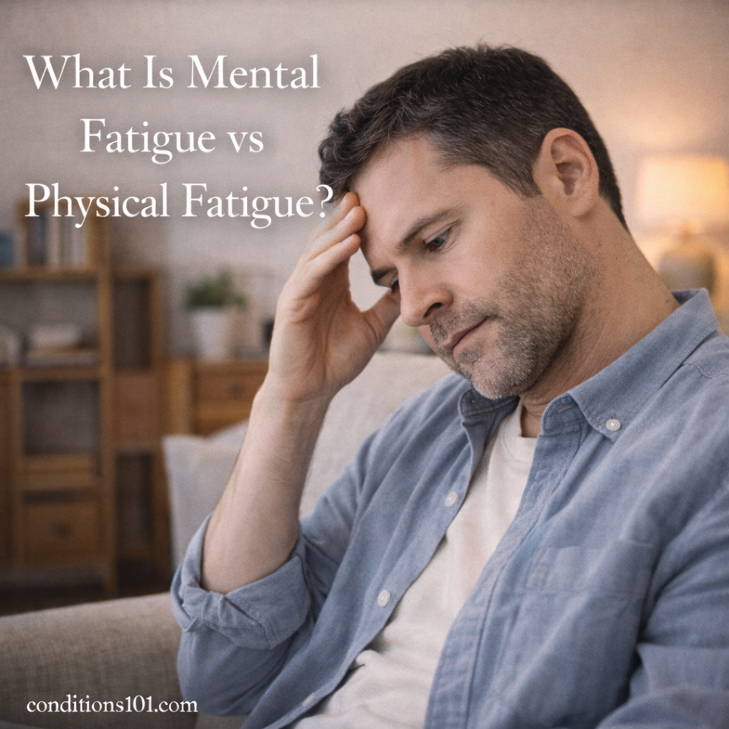 An adult man sitting on a couch at home with his hand resting on his forehead, appearing thoughtfully tired in a calm, everyday setting representing mental and physical fatigue.