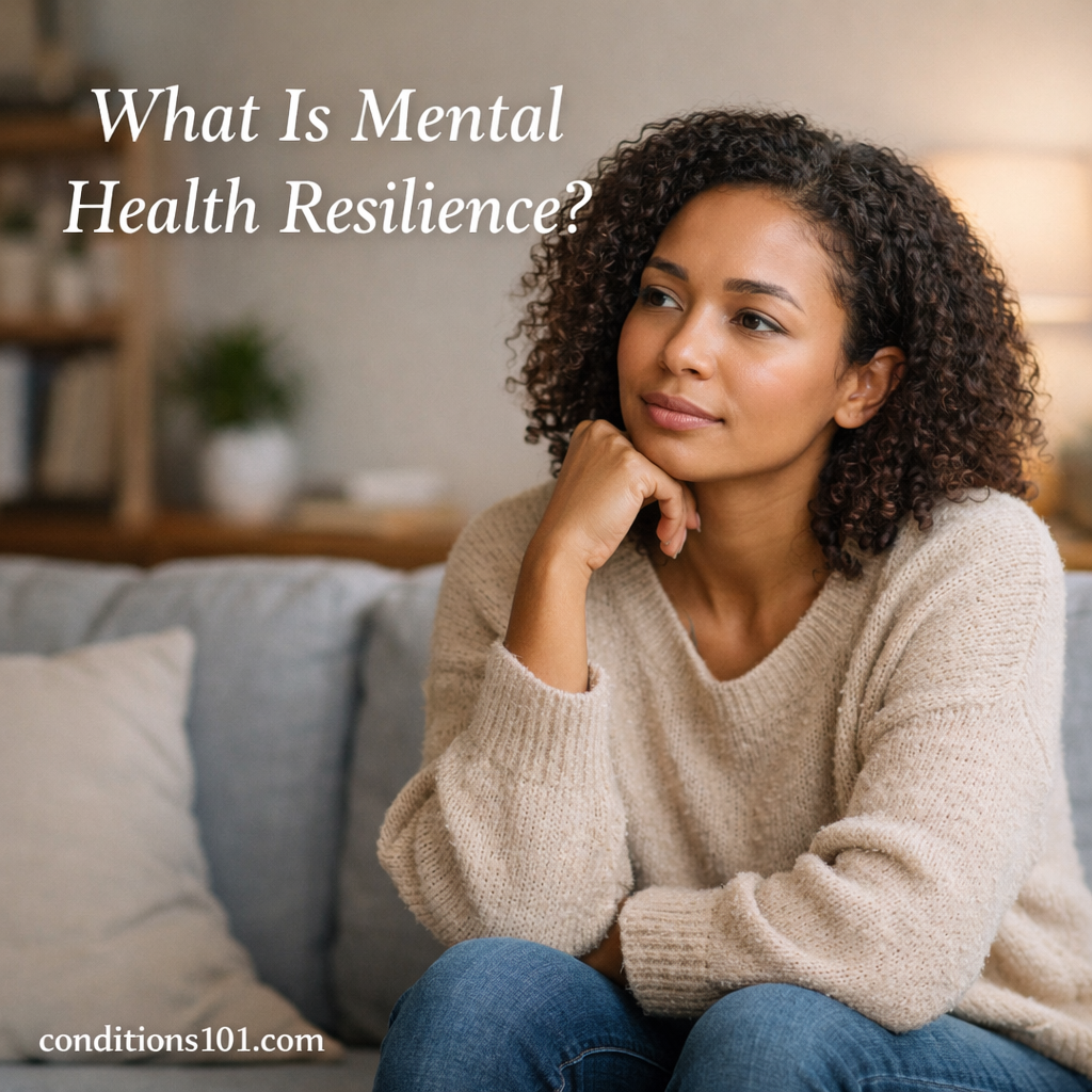 Adult woman sitting calmly in a living room, reflecting thoughtfully in an everyday setting, representing mental health resilience.