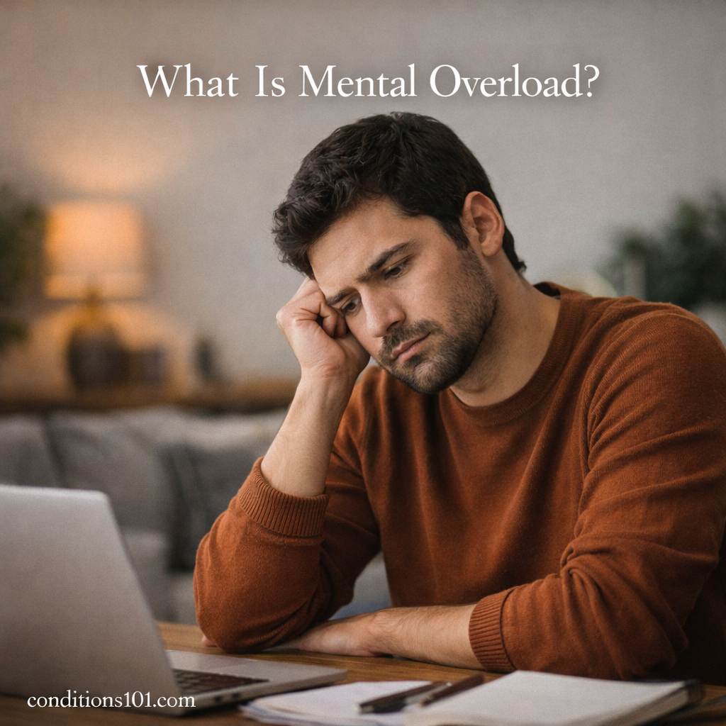 An adult man sitting at a desk in a calm living room, resting his head on his hand while thoughtfully working on a laptop, representing mental overload.