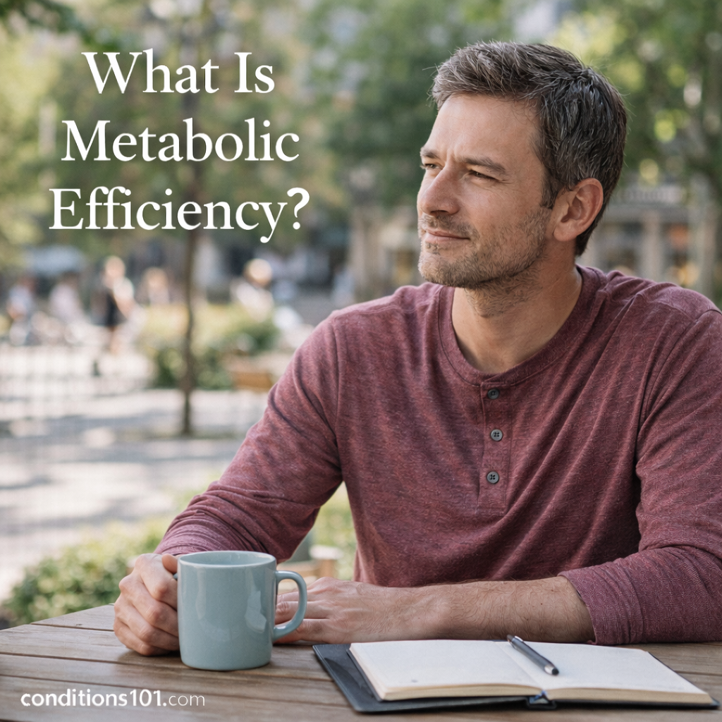 Adult man sitting outdoors at a table with a mug and notebook, appearing thoughtful in a calm everyday setting, representing metabolic efficiency.