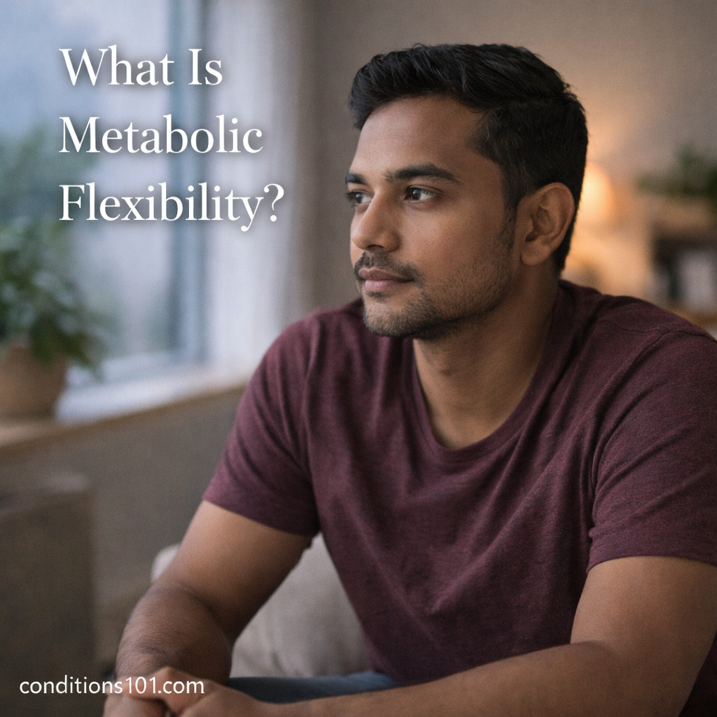 Adult man sitting in a calm home setting with a thoughtful expression, representing an educational overview of metabolic flexibility.
