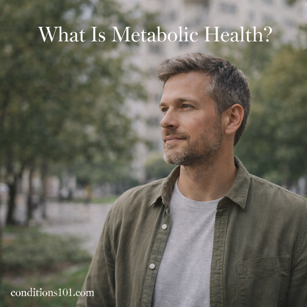 Adult man standing outdoors in a calm urban park with a thoughtful expression, representing an educational discussion about metabolic health.
