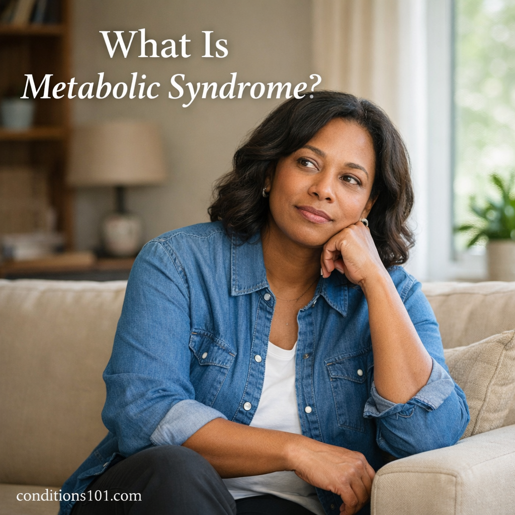 An adult woman sitting thoughtfully in a bright living room, representing an educational overview of metabolic syndrome.