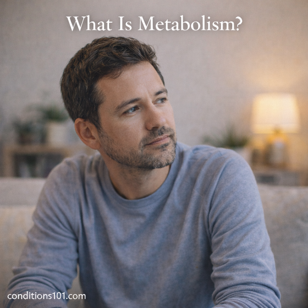 Adult man sitting in a calm living room with a thoughtful expression, representing an educational overview of metabolism.