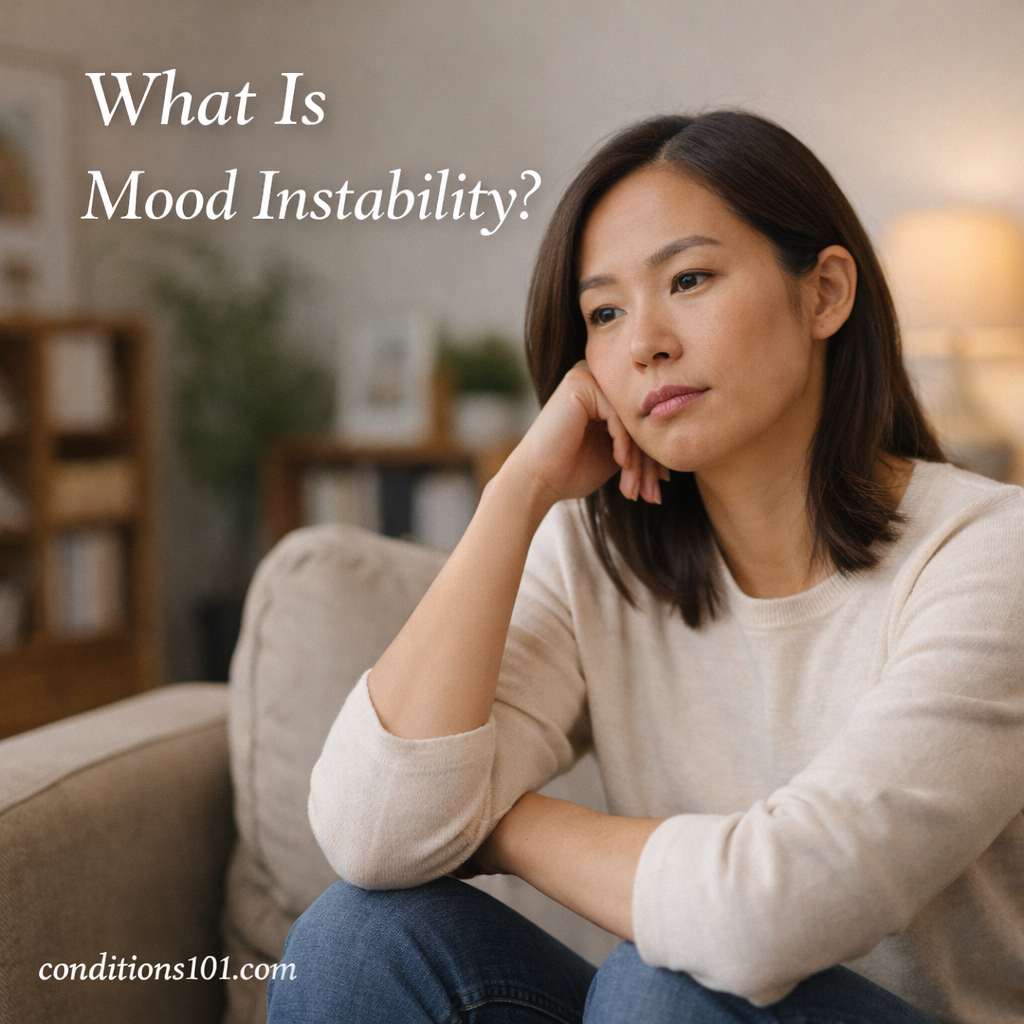 Adult woman sitting thoughtfully on a couch in a calm home setting, reflecting on emotional changes and mood patterns.