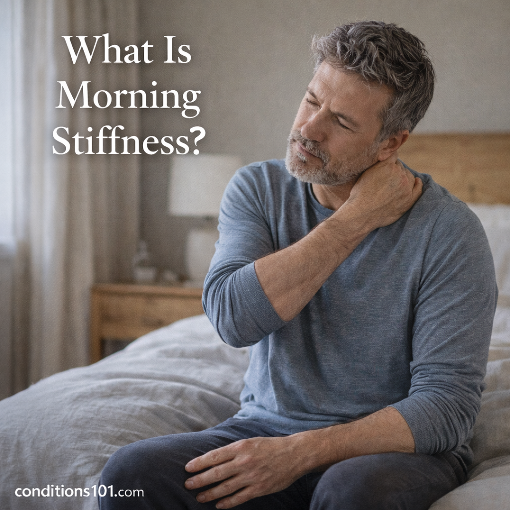 Middle-aged man sitting on a bed in the morning, gently holding his neck with a thoughtful expression, representing morning stiffness.