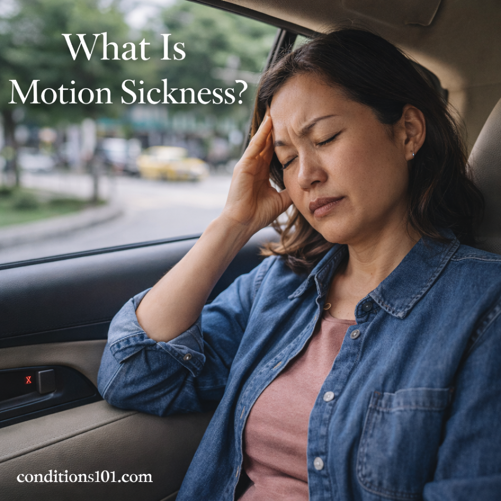 Adult woman sitting in a car in a calm everyday setting, appearing uncomfortable and thoughtfully focused during motion.
