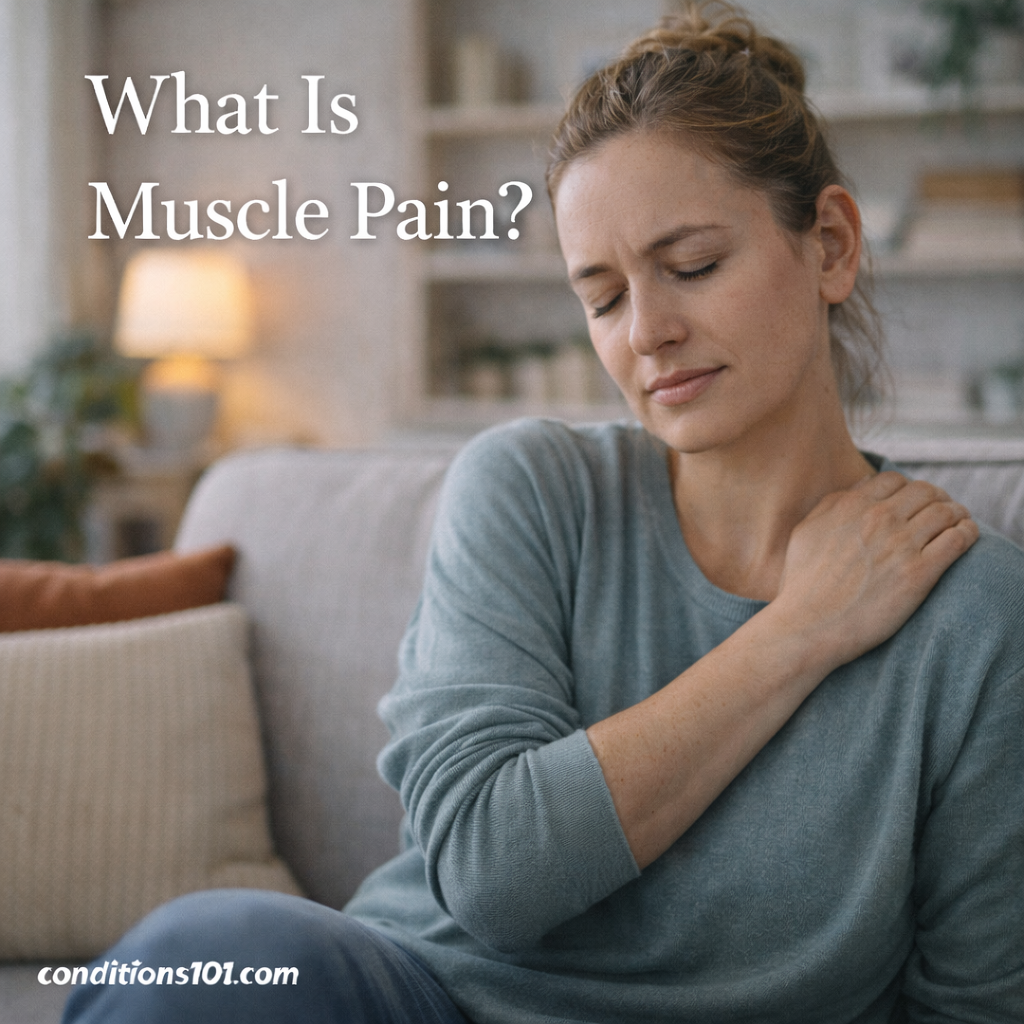 Adult woman sitting on a couch in a calm home setting, gently massaging her shoulder, representing an educational overview of what muscle pain is.