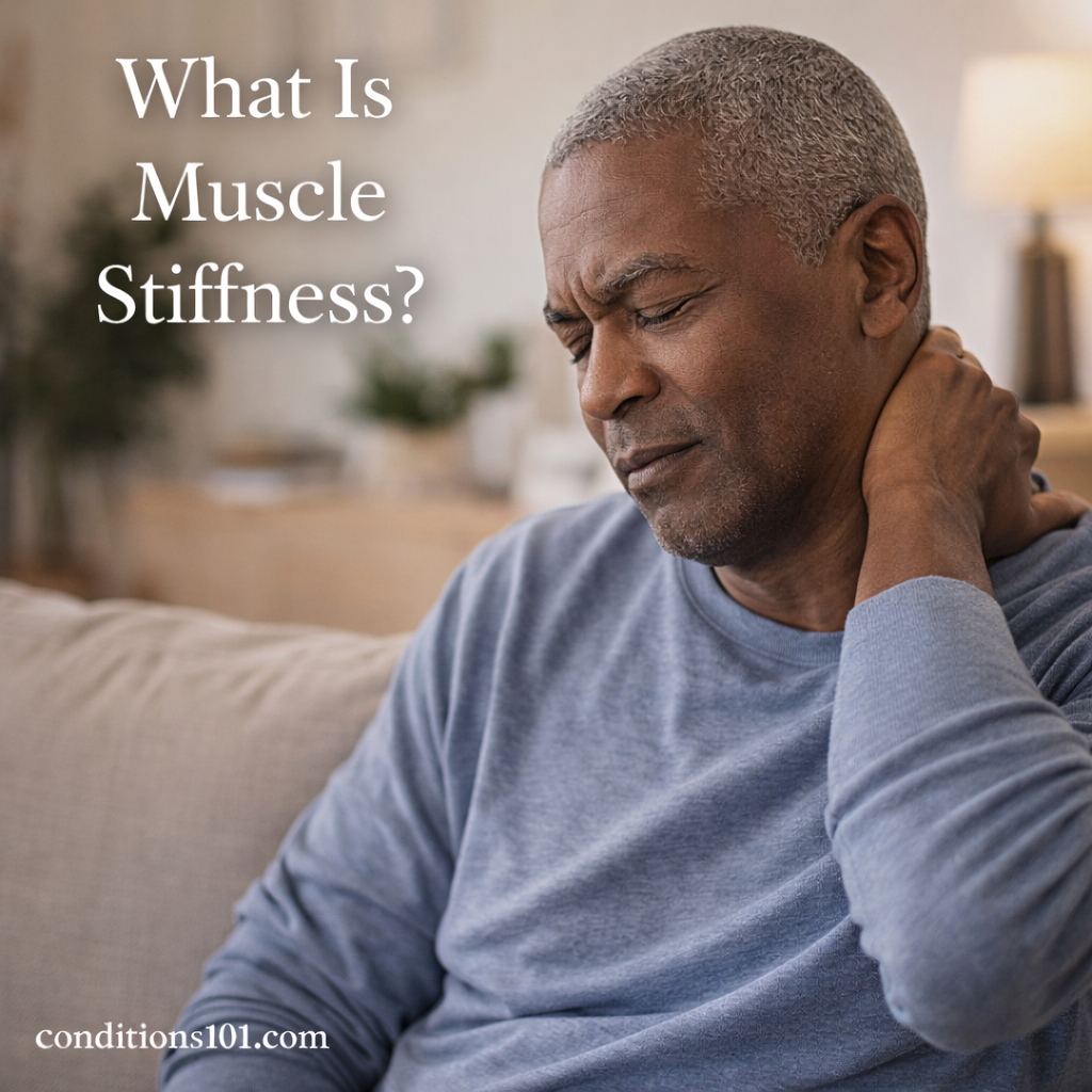 Adult man sitting on a couch in a calm home setting, gently holding his neck while appearing thoughtfully focused.