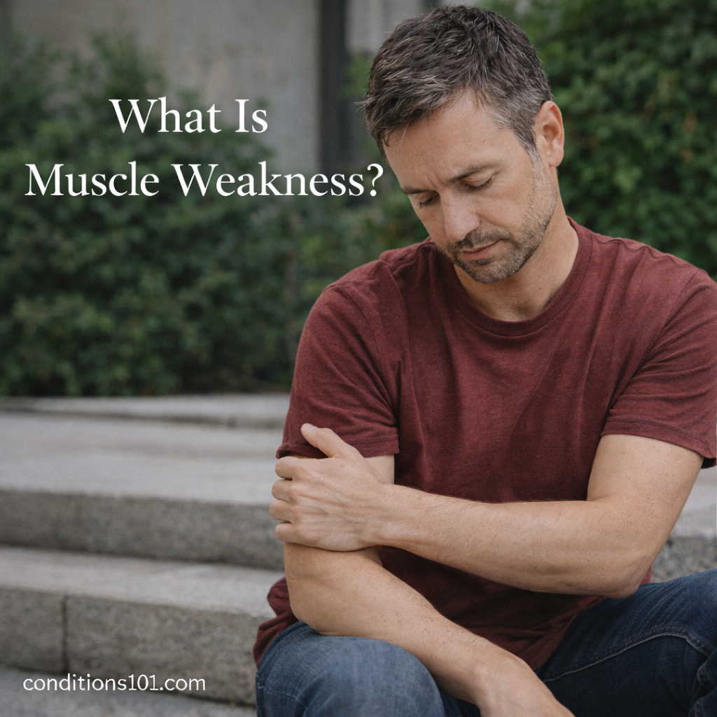 Adult man sitting outdoors in a calm setting, looking thoughtfully at his arm, representing an educational explanation of muscle weakness.