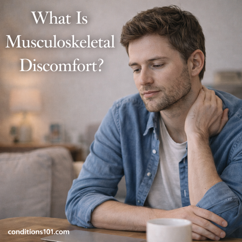 Adult person sitting in a calm home environment, representing an educational article about musculoskeletal discomfort.