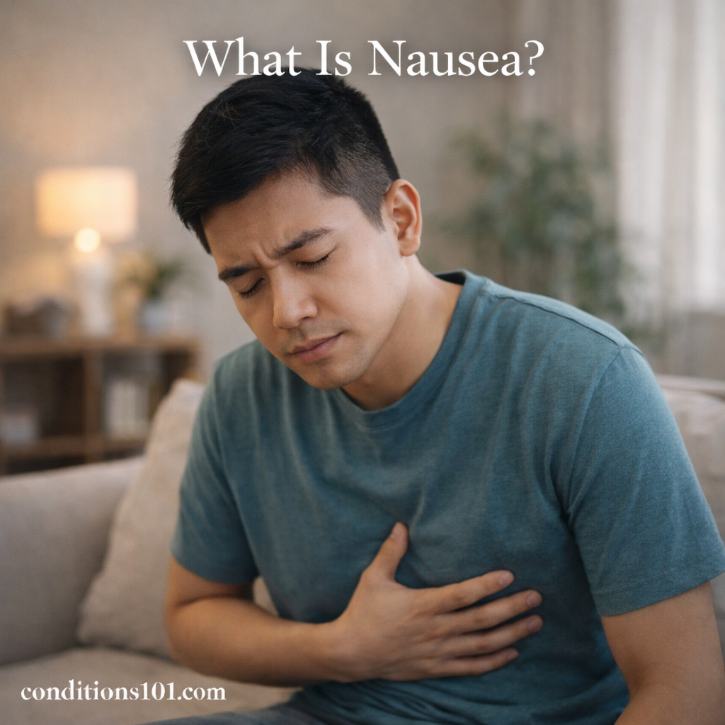 Adult man sitting on a couch with a thoughtful expression in a calm home setting, representing nausea in an educational digestive health context.