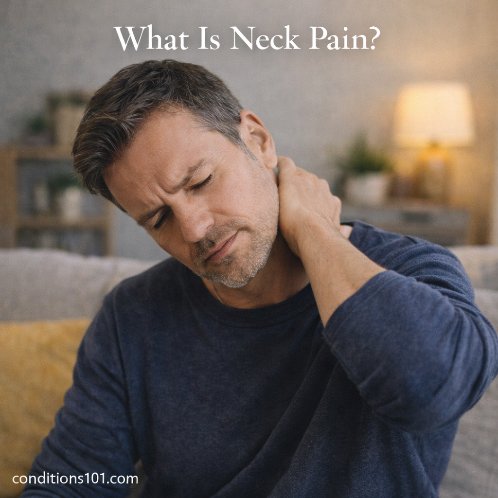 Adult man sitting in a calm living room gently touching his neck, representing an educational overview of neck pain.