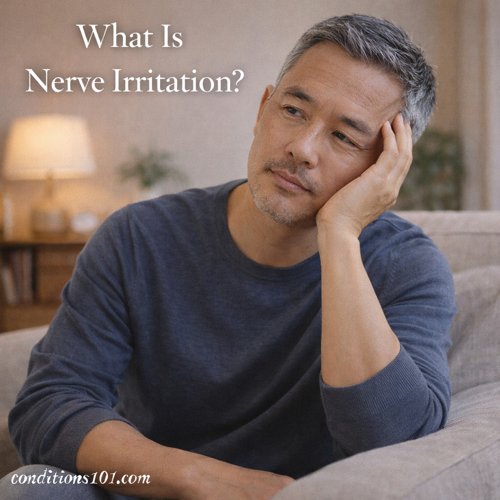 An adult man sitting on a couch with a thoughtful expression in a calm living room, representing nerve irritation in an everyday context.