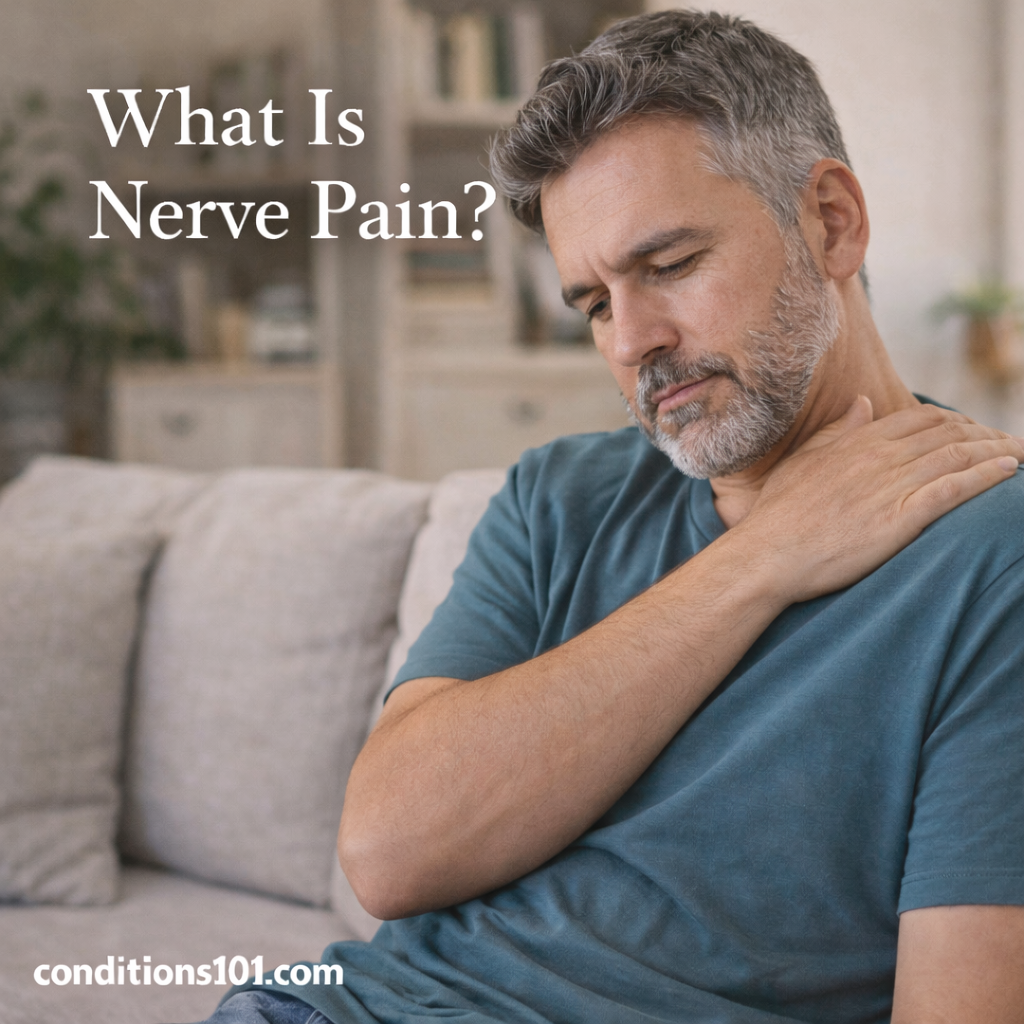 Adult man in a calm everyday setting with a thoughtful expression, representing an educational overview of what nerve pain is.