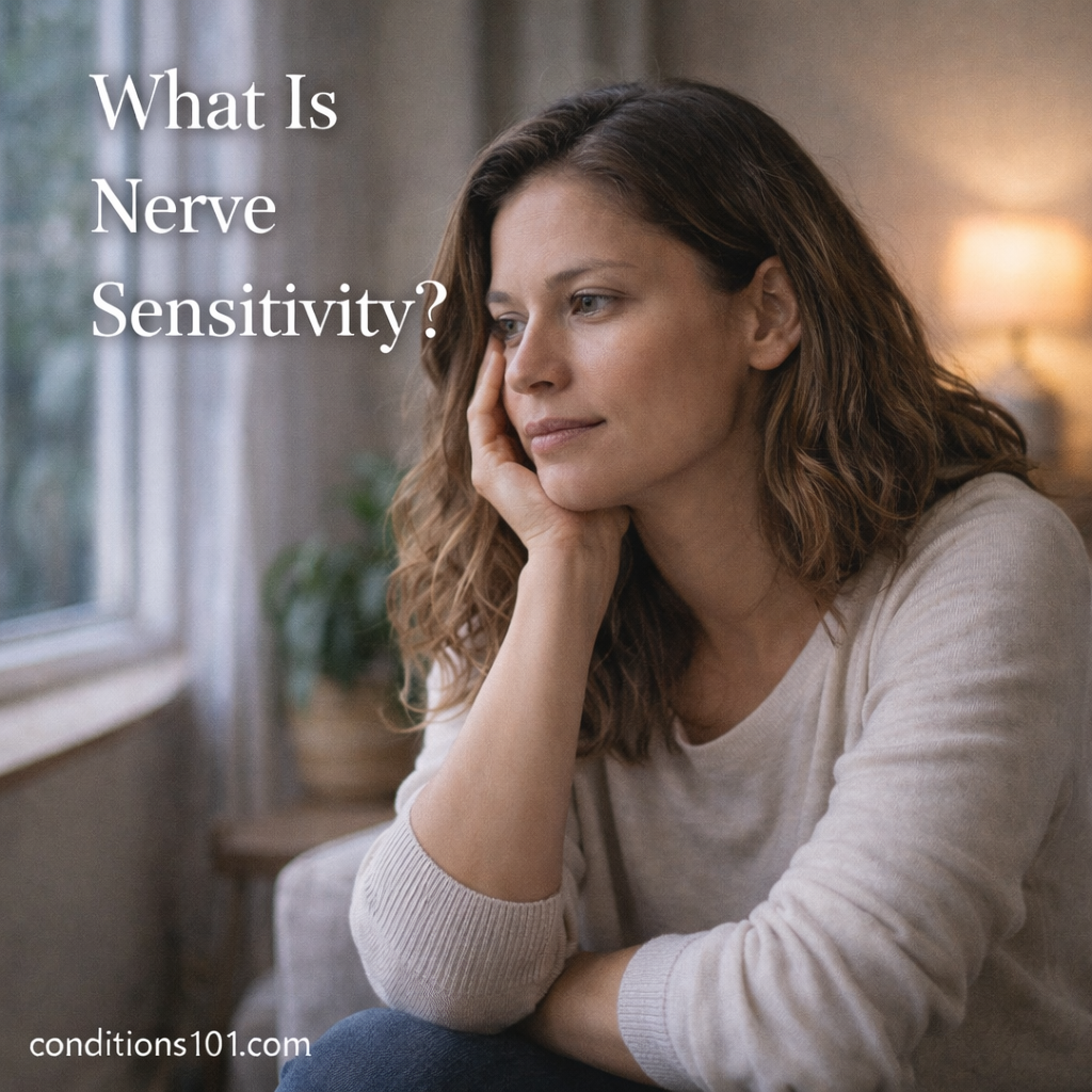 Adult woman sitting near a window in a calm home setting with a thoughtful expression, representing an educational overview of nerve sensitivity.