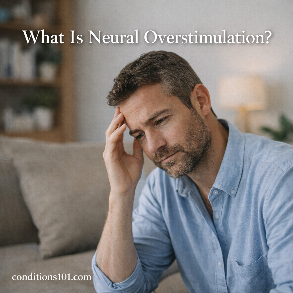 Adult man sitting quietly in a living room with a thoughtful expression, representing neural overstimulation in everyday life.