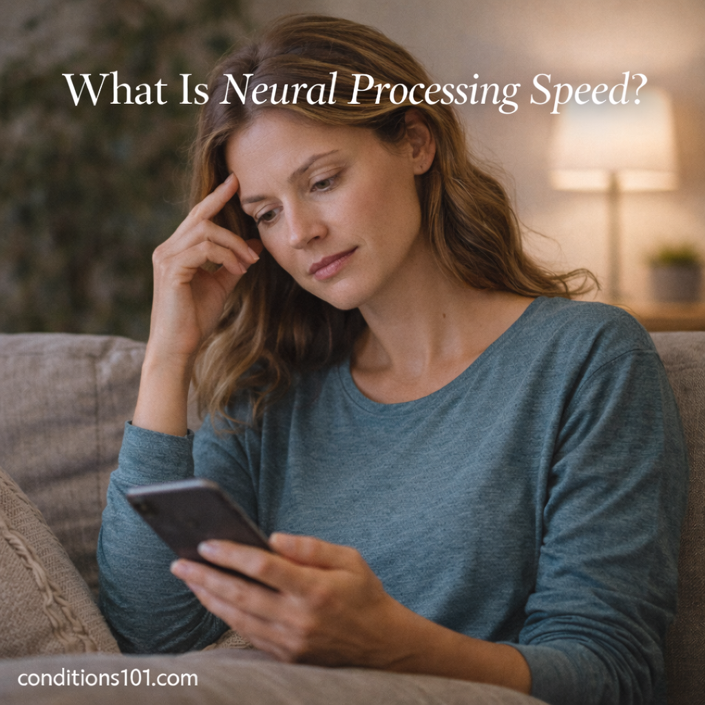 Woman sitting on a couch thoughtfully looking at her phone, illustrating how the brain processes information and responds to sensory input.