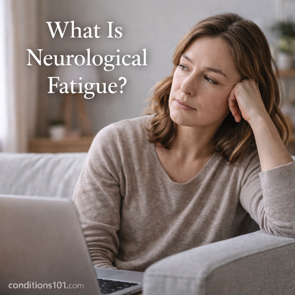 Adult woman sitting on a couch with a thoughtful expression while using a laptop, representing neurological fatigue in everyday life.