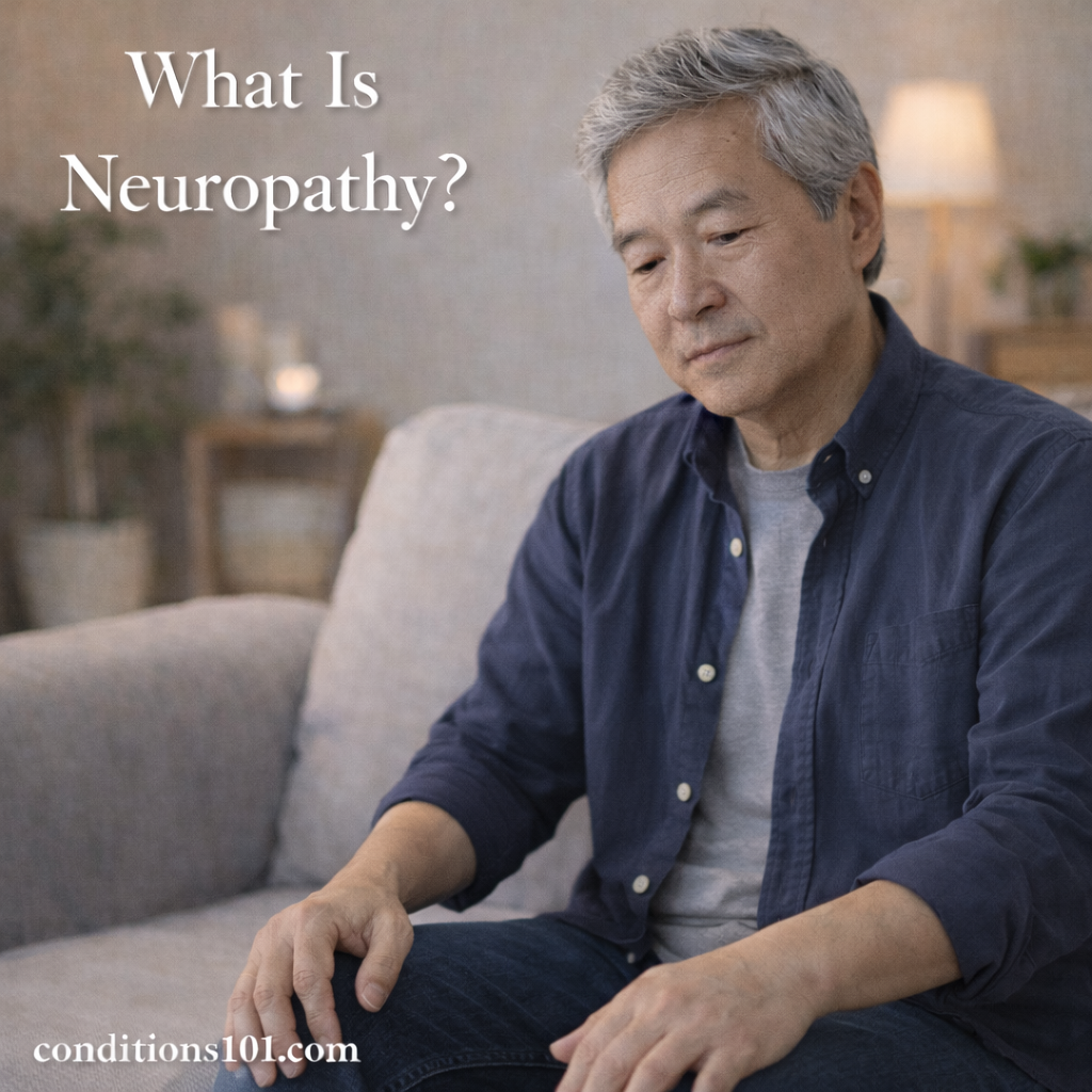 Older Asian man sitting upright on a couch in a calm living room, hands relaxed at his sides, appearing thoughtful for an educational article about neuropathy.