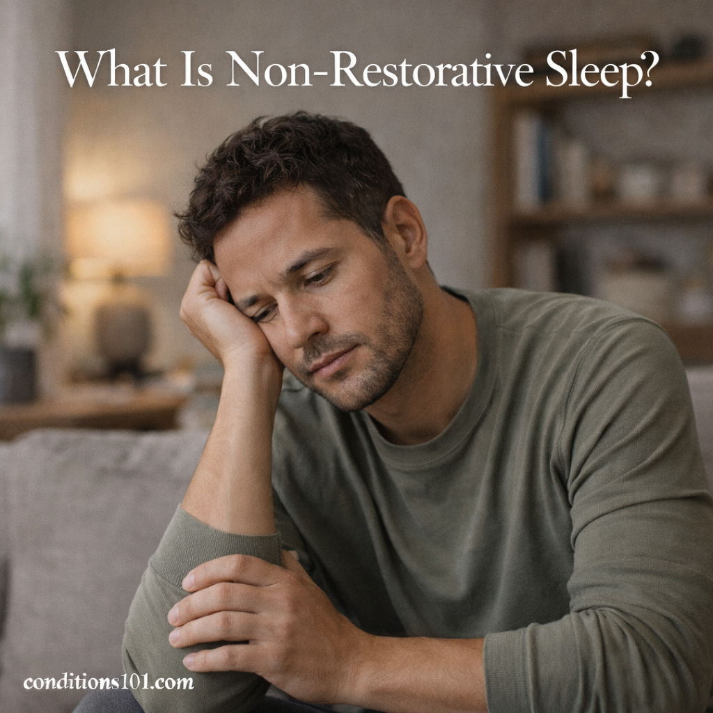 Adult man sitting on a couch in a calm living room setting with a tired, reflective expression, representing non-restorative sleep.