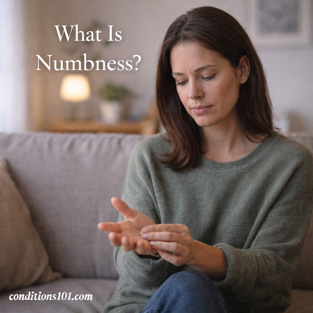 Adult woman sitting on a couch while examining her hand in a calm home setting, representing an educational overview of numbness and sensory changes.