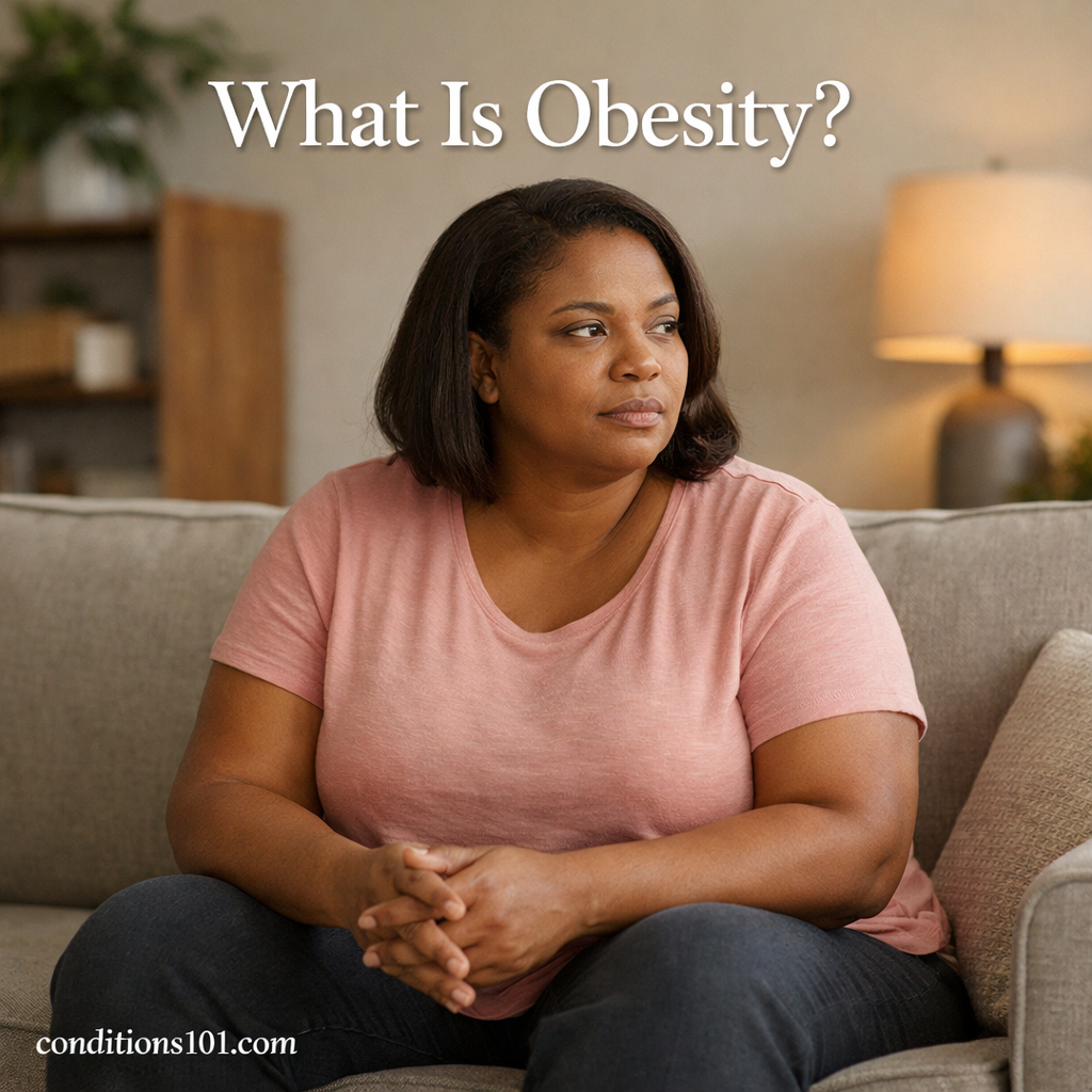 Adult person sitting in a calm living room setting with the title What Is Obesity, representing an educational overview of obesity.