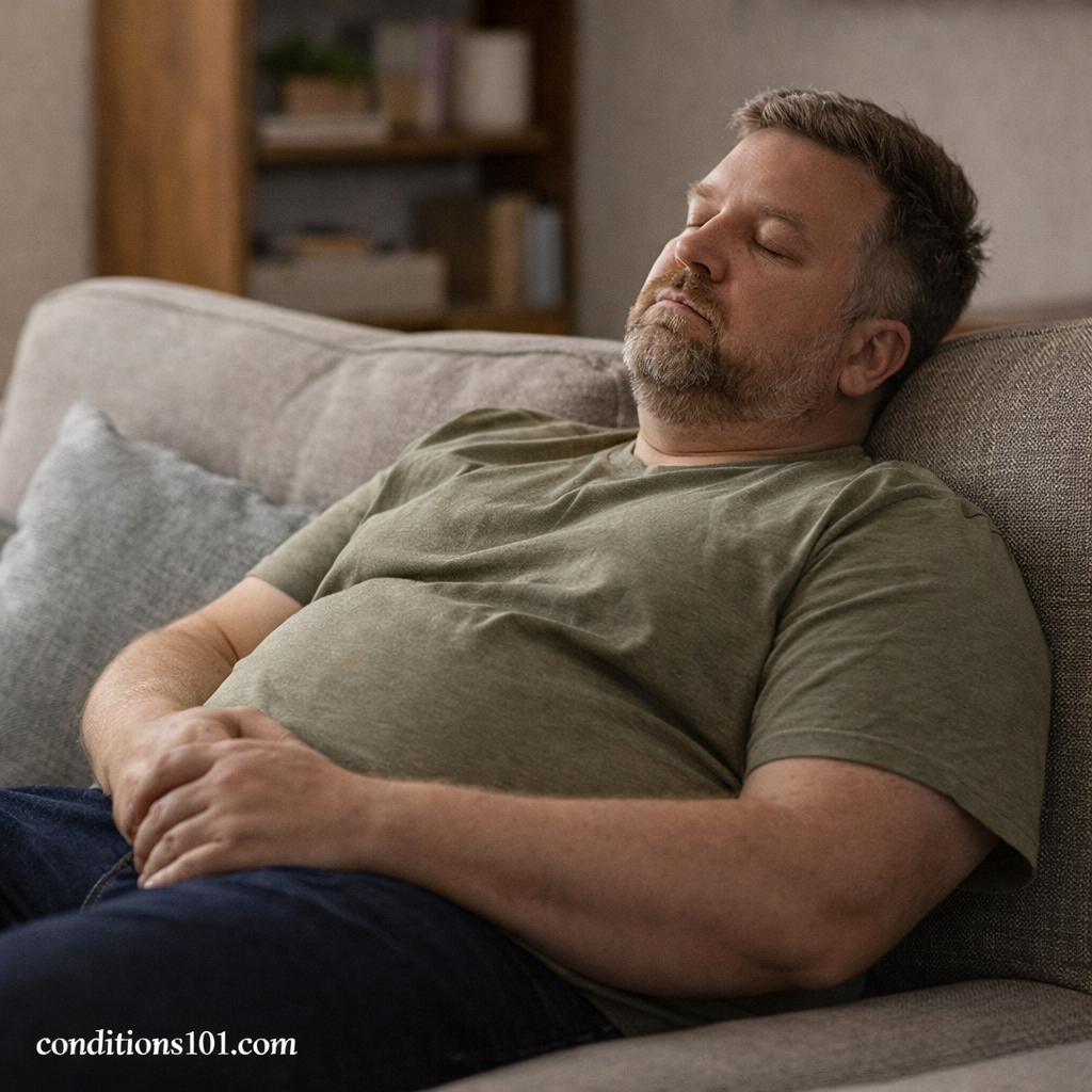 Adult man resting on a couch in a calm living room setting, representing everyday experiences related to obesity.