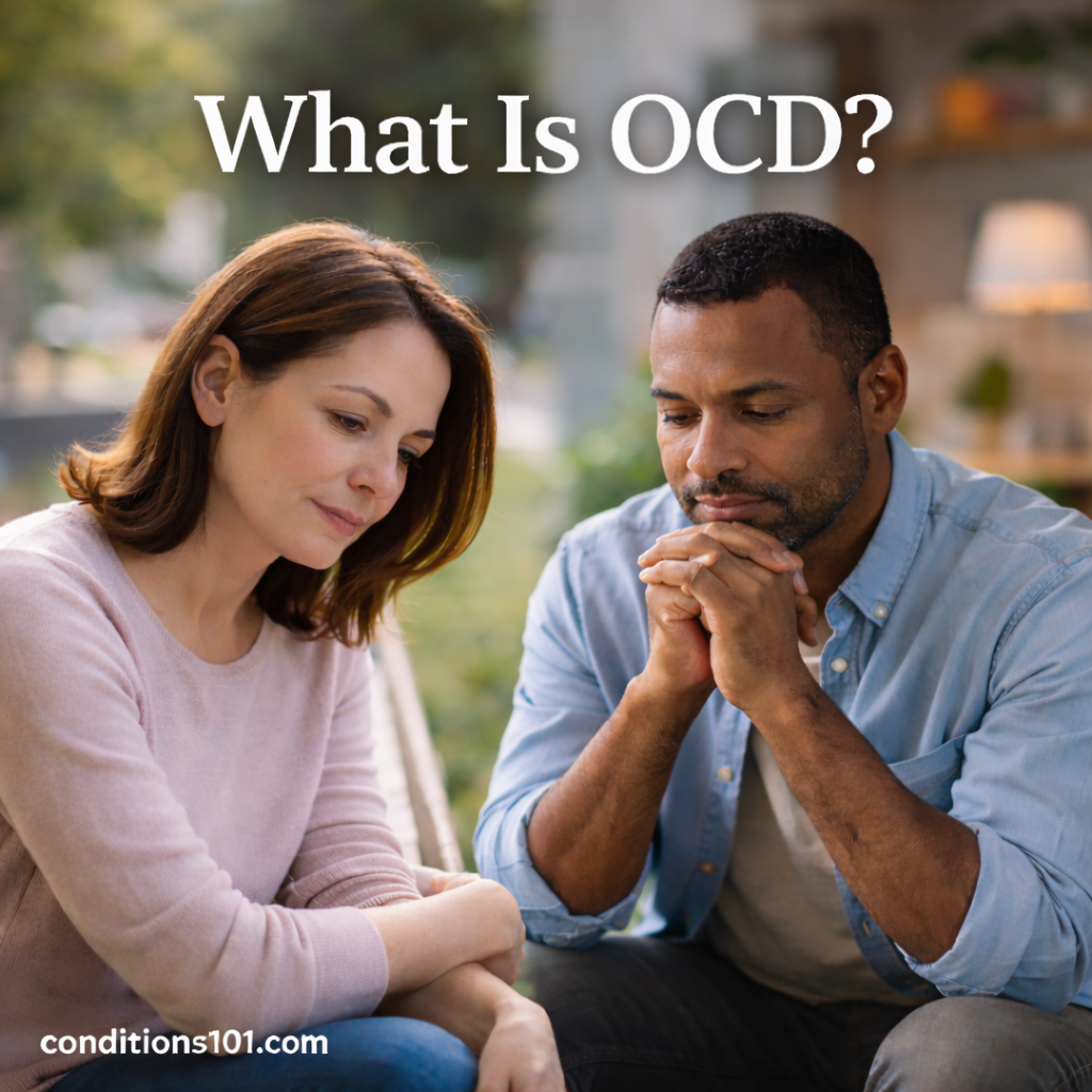 Two adults in a calm everyday setting appearing thoughtful, representing an educational overview of obsessive-compulsive disorder.
