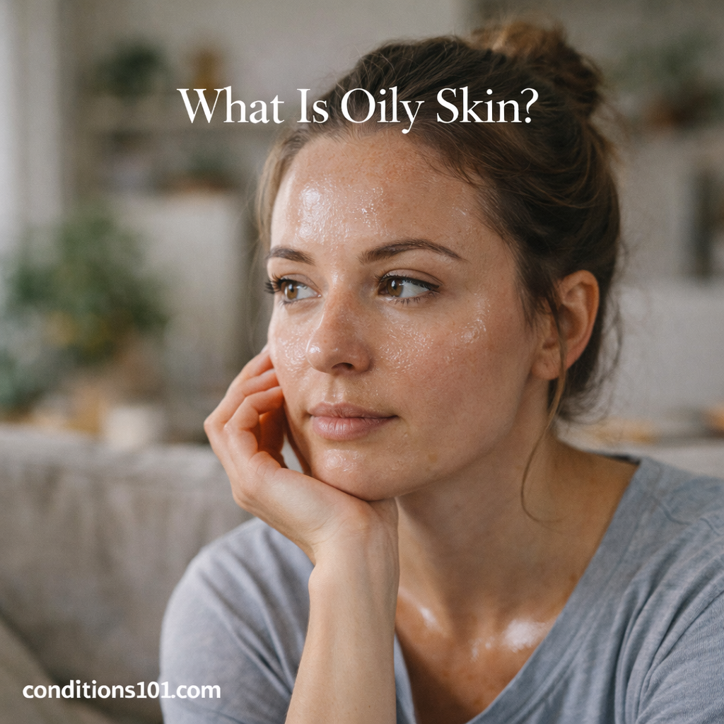 Adult woman with naturally shiny skin sitting in a calm living room, appearing thoughtful in an educational article about oily skin.